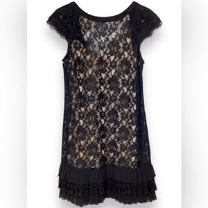 Jessica Simpson Black Lace Drop Waist Dress party Nude illusion Cap sleeve